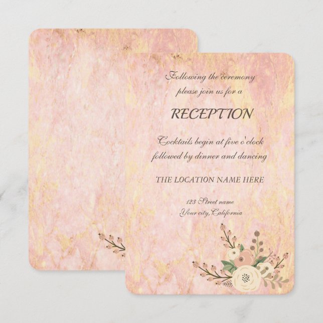 Invitation Réception de mariage floral en marbre rose chic él (Devant / Derrière)