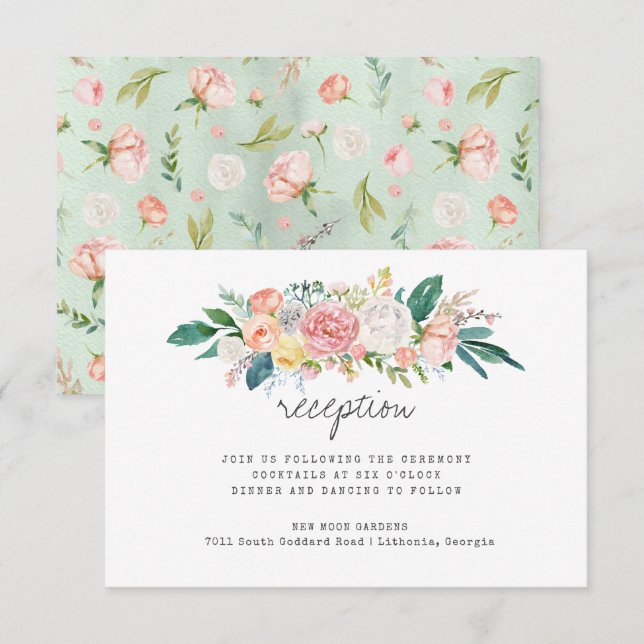 Invitation Réception de mariage floral estivale rosissante (Devant / Derrière)
