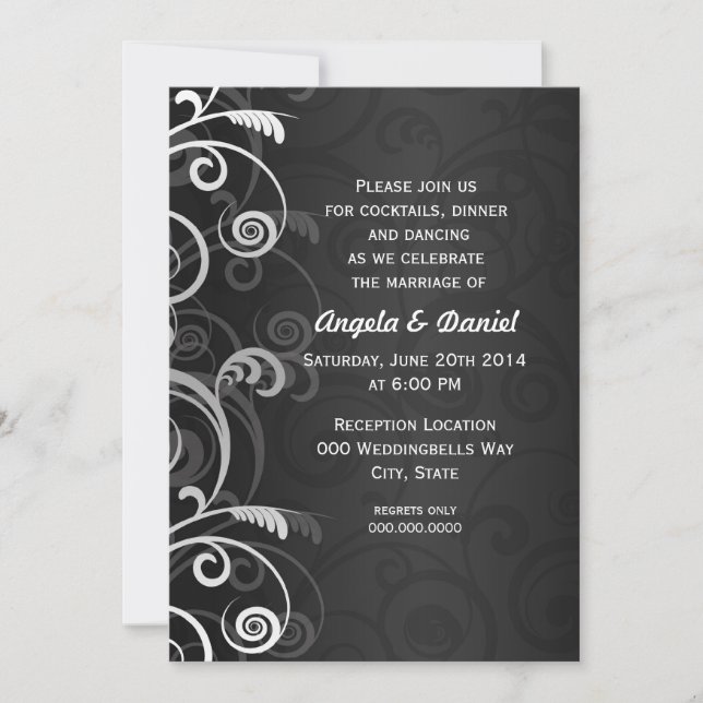 Invitation Réception de mariage floral moderne noir et blanc (Devant)