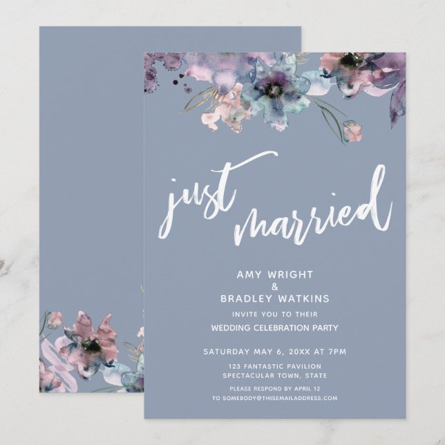 Invitation Réception de mariage floral peint en bleu poussiér (Devant / Derrière)