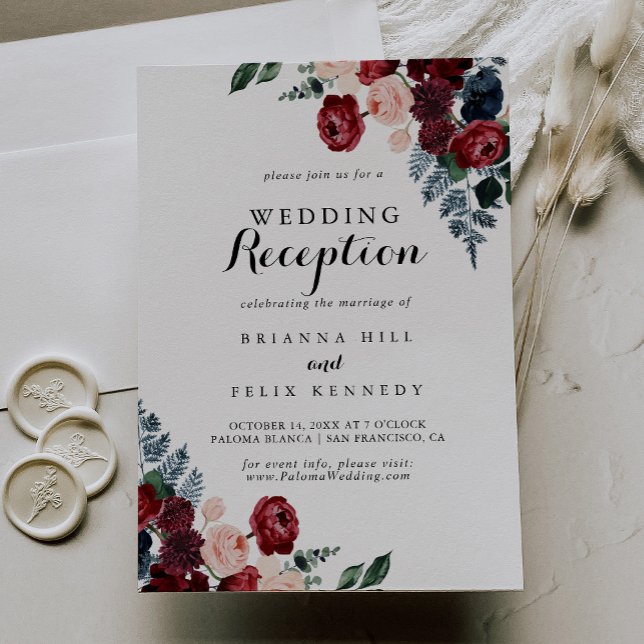 Invitation Réception de mariage floral rose Bourgogne marine (Créateur téléchargé)