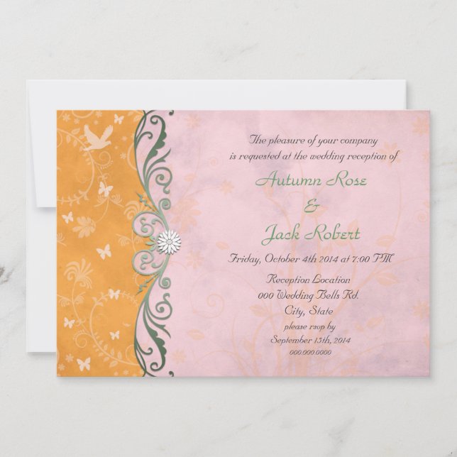 Invitation Réception de mariage floral rose et orange (Devant)