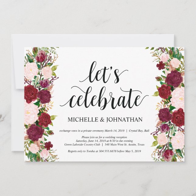 Invitation Réception de mariage floral rose Marsala Elopement (Devant)