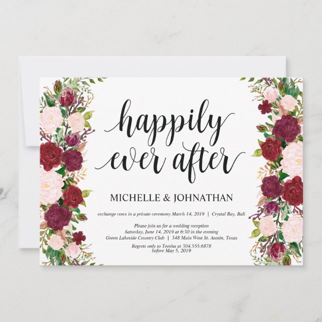 Invitation Réception de mariage floral rose Marsala Elopement (Devant)