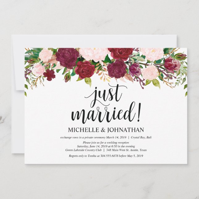 Invitation Réception de mariage floral rose Marsala en fuite (Devant)