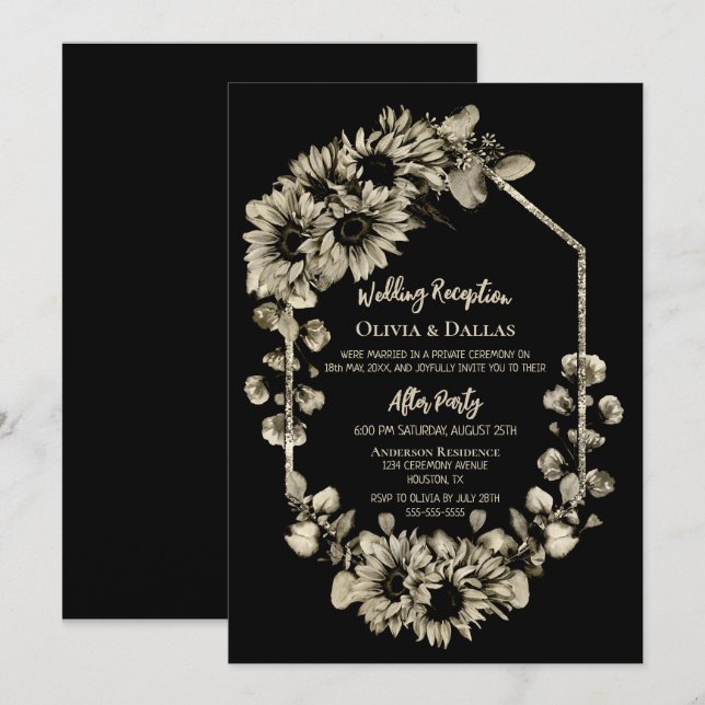 Invitation Réception de mariage floral tournesol noir (Devant / Derrière)