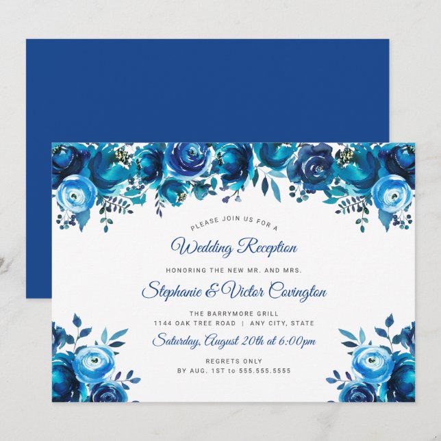 Invitation Réception de mariage florale à l'aquarelle bleu in (Devant / Derrière)