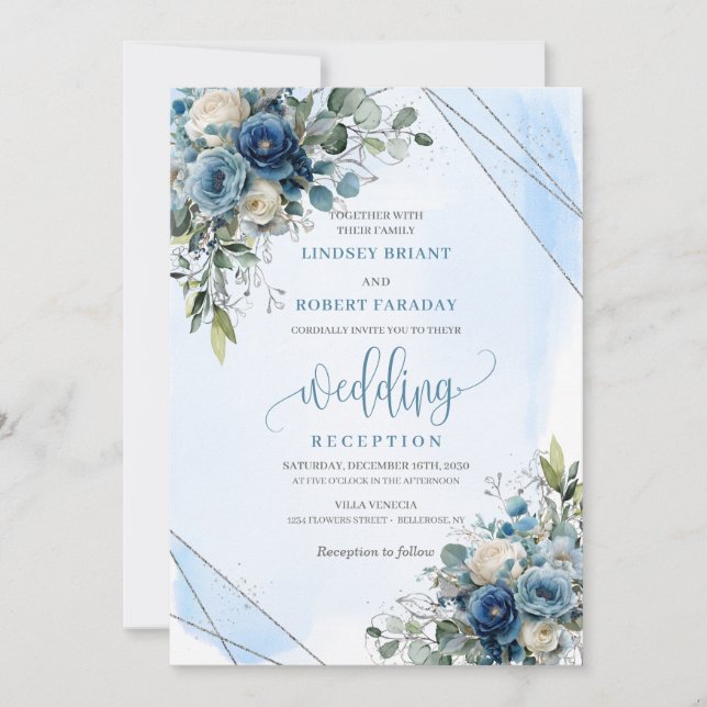 Invitation Réception de mariage florale argentée bleu poussié (Devant)