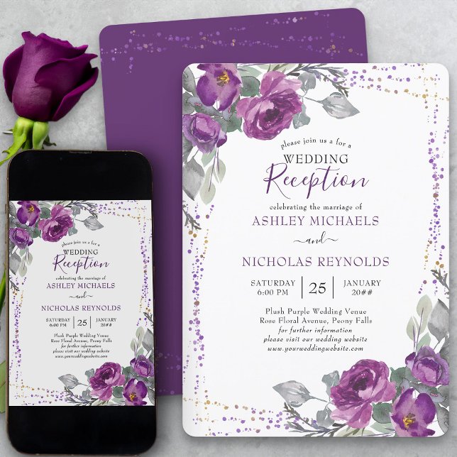 Invitation Réception de mariage florale et confetti violet un (Elegant purple floral wedding reception only invitation from my Plush Purple Wedding Collection)