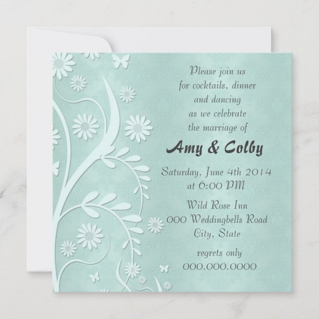Invitation Réception de mariage florale et damassée sarcelle (Devant)