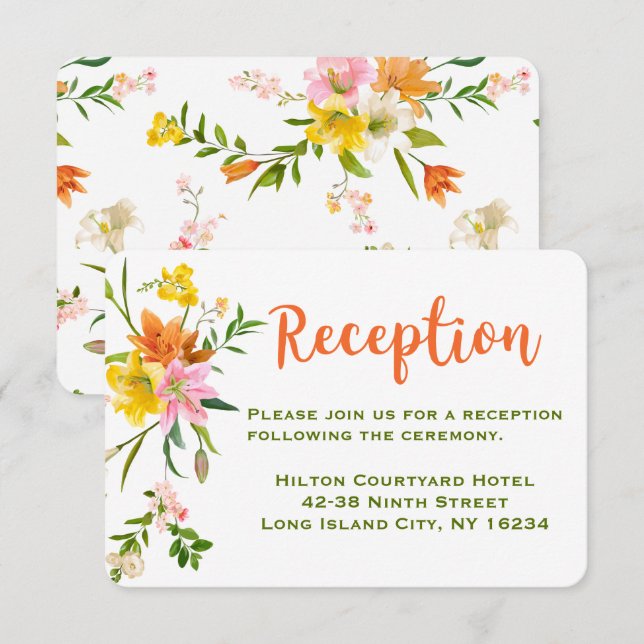 Invitation Réception de mariage florale Fleurs de lys orange  (Devant / Derrière)
