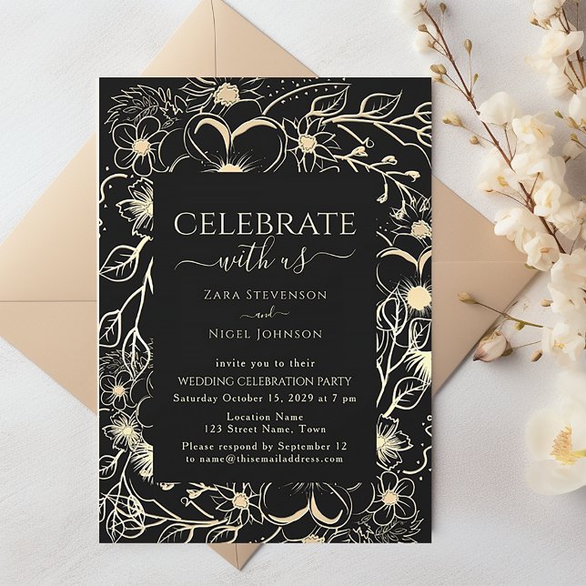 Invitation Réception de mariage florale noire et or (Créateur téléchargé)