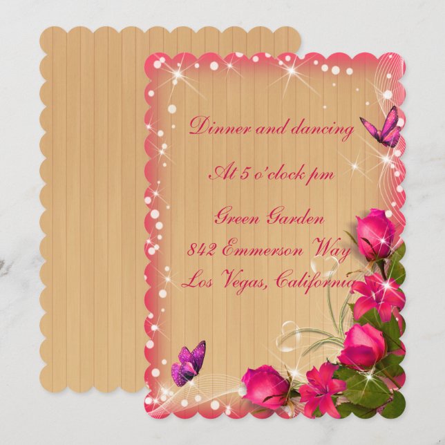 Invitation Réception de mariage florale rose en bois rustique (Devant / Derrière)