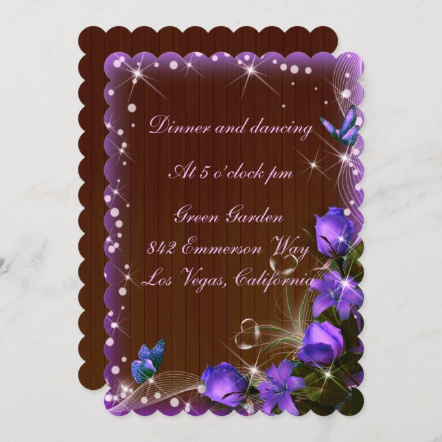 Invitation Réception de mariage florale violette en bois somb (Devant / Derrière)