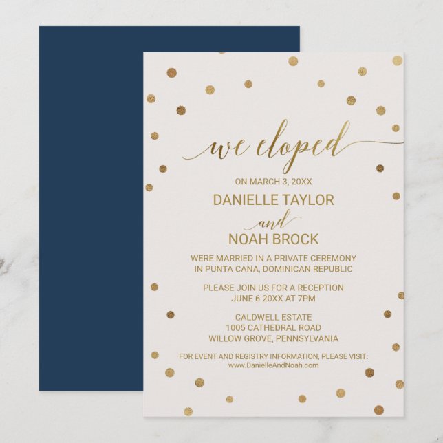 Invitation Réception de Mariage Fuite avec Points Dorés (Devant / Derrière)