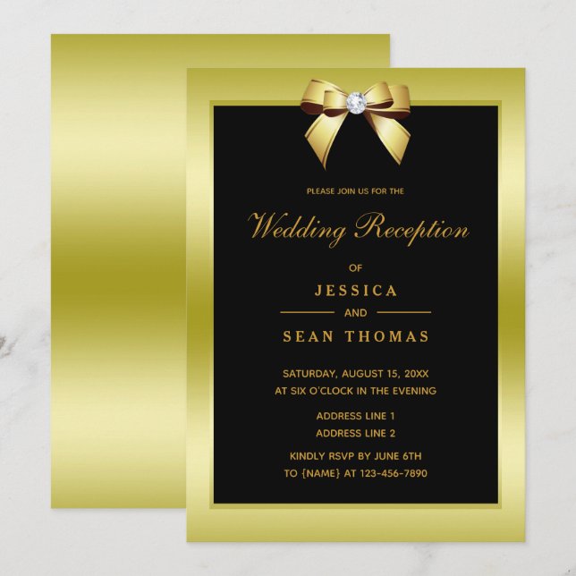 Invitation Réception de mariage Glam Gold Bow & Black (Devant / Derrière)