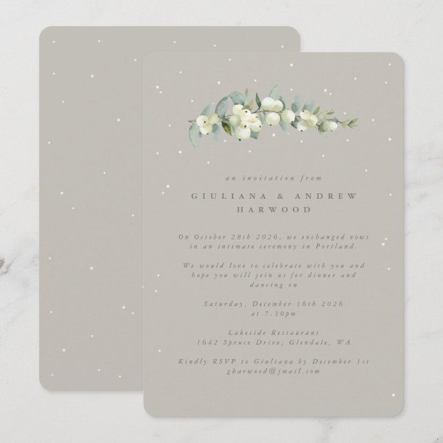 Invitation Réception de mariage Greige Snowberry+Eucalyptus (Devant / Derrière)