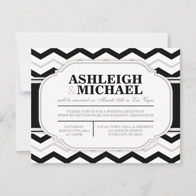 Invitation Réception de mariage gris et noir chevron blanc UN (Devant)