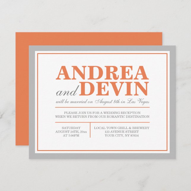 Invitation Réception de mariage gris et orange seulement Invi (Devant / Derrière)