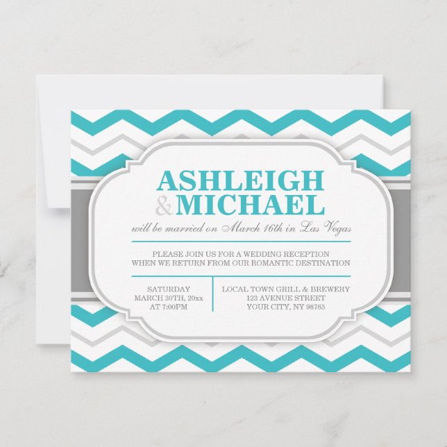 Invitation Réception de mariage gris et turquoise chevron seu (Devant)