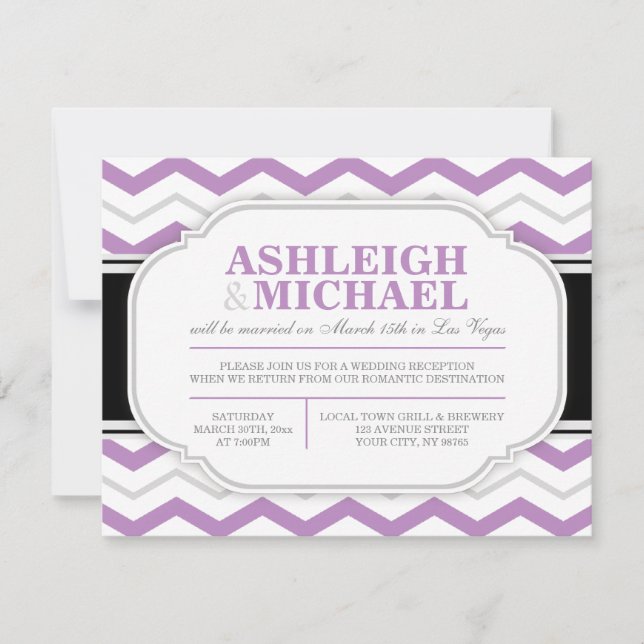 Invitation Réception de mariage grise et violette à chevrons  (Devant)
