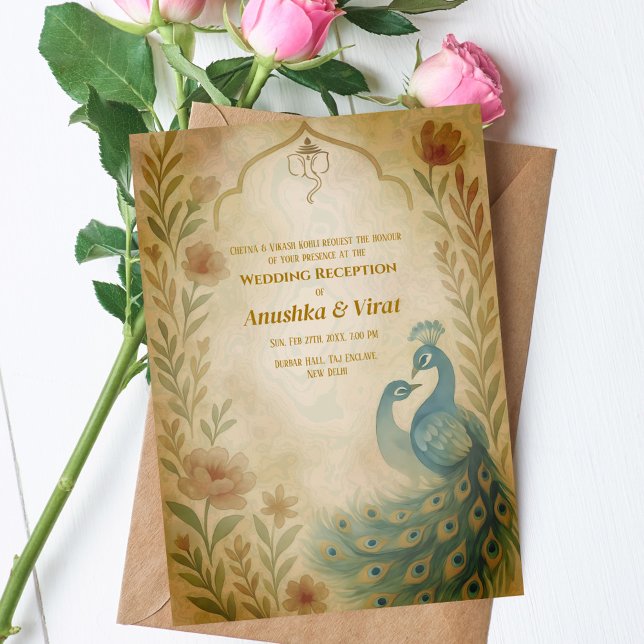 Invitation Réception de mariage hindou indien Peacock Floral (Créateur téléchargé)