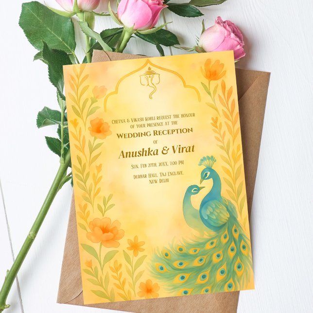 Invitation Réception de mariage hindou indien Peacock Floral (Créateur téléchargé)