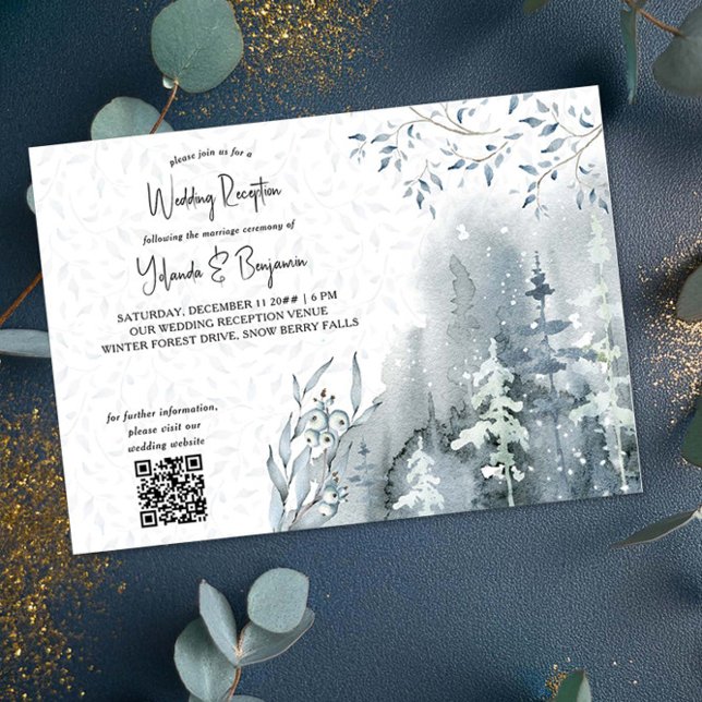 Invitation Réception de mariage hivernal en forêt enneigée un (Wedding Reception Invitation with qr code from the Snow Forest Wedding Collection by Darling & May)