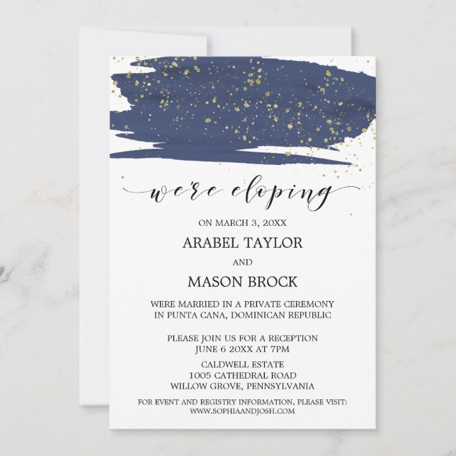 Invitation Réception de mariage intime aquarelle bleu marine  (Devant)