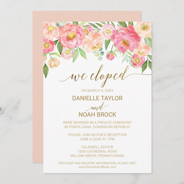 Invitation Réception de mariage intime avec fleurs de pivoine (Devant / Derrière)