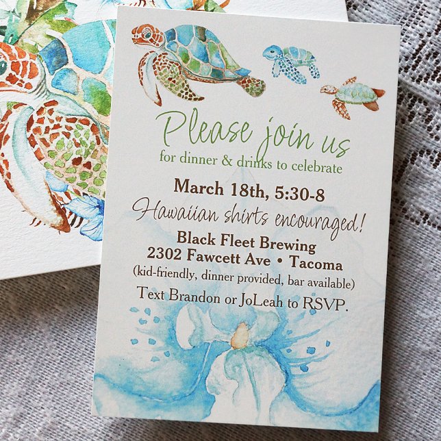 Invitation Réception de mariage intime et fête des Orchidées  (Watercolor Blue and Green Sea Turtle Reception Dinner Party, Beach Elopement After Party)