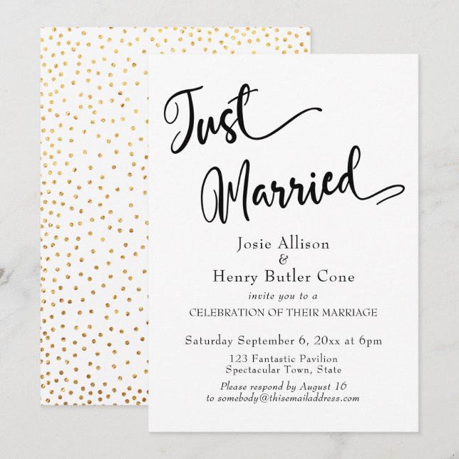 Invitation Réception de mariage, jeunes mariés, confettis dor (Devant / Derrière)