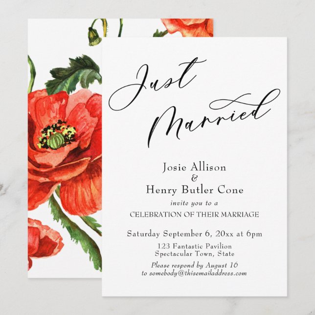 Invitation Réception de mariage, Juste Mariés, Coquelicots ro (Devant / Derrière)