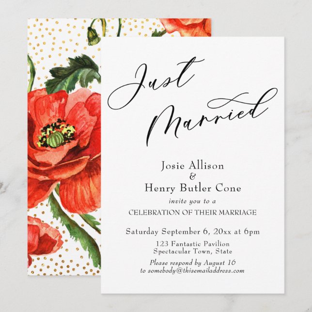 Invitation Réception de mariage, Juste Mariés, Coquelicots ro (Devant / Derrière)