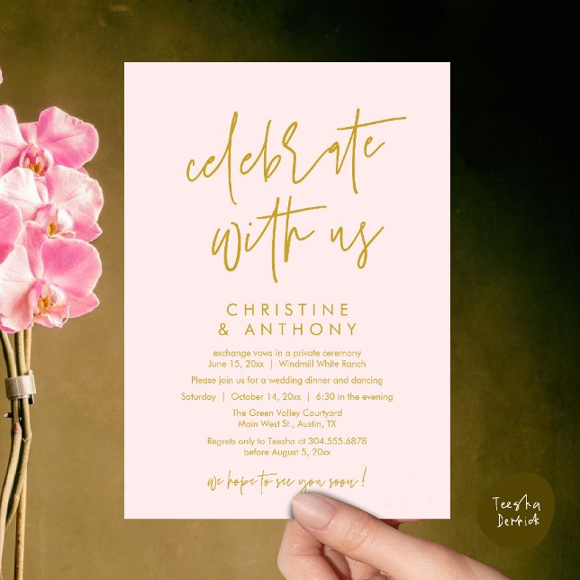 Invitation Réception de mariage minimaliste moderne (Modern Minimal Wedding Reception Dinner Lunch Brunch Invitation Card in yellow gold and Blush)