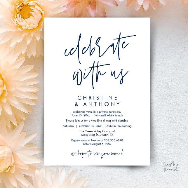 Invitation Réception de mariage minimaliste moderne (Modern Minimal Wedding Reception Dinner Lunch Brunch Invitation Card in Navy Blue)