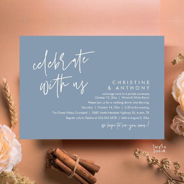 Invitation Réception de mariage minimaliste moderne (Modern Minimalist Wedding Reception Dinner Invitation Card, Celebrate with us, in Dusty Blue)