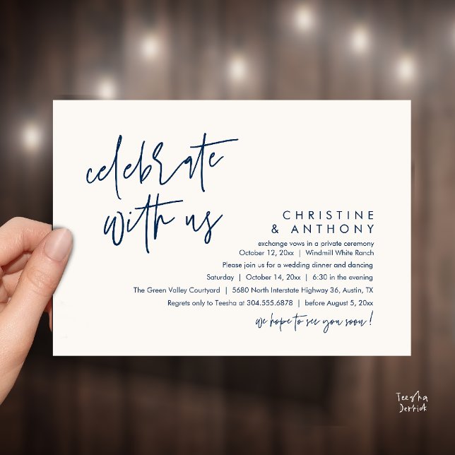 Invitation Réception de mariage minimaliste moderne (Modern Minimalist Wedding Reception Dinner Invitation Card, Celebrate with us, in Navy Blue Ivory)