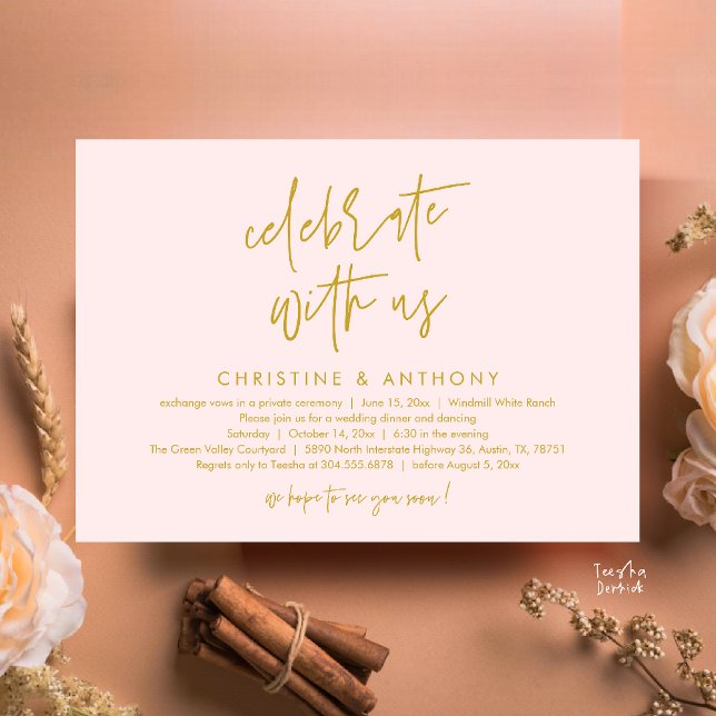 Invitation Réception de mariage minimaliste moderne (Modern Minimalist Wedding Reception Dinner Invitation Card, Celebrate with us, in Yellow Gold Blush)