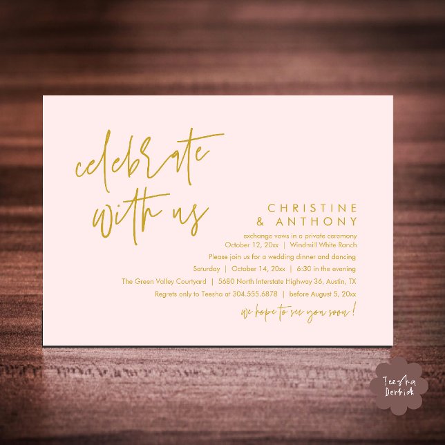 Invitation Réception de mariage minimaliste moderne (Modern Minimalist Wedding Reception Dinner Invitation Card, Celebrate with us, in Yellow Gold Blush)