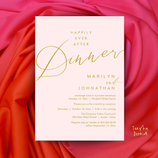 Invitation Réception de mariage moderne : dîner de conte de f (Modern Wedding Happily Ever After Reception Dinner Invitation Card in Gold Blush)