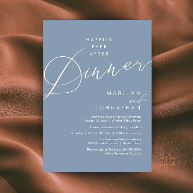 Invitation Réception de mariage moderne : dîner de conte de f (Modern Wedding Happily Ever After Reception Dinner Invitation Card in Dusty Blue)