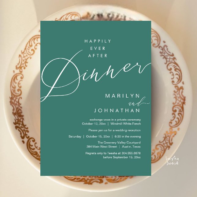 Invitation Réception de mariage moderne : dîner de conte de f (Modern Wedding Happily Ever After Reception Dinner Invitation Card in Teal Green)