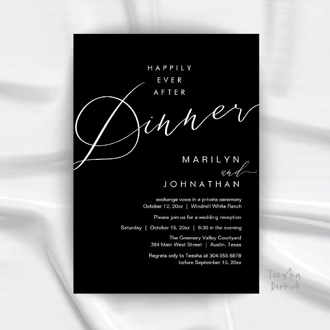 Invitation Réception de mariage moderne : dîner « Heureux pou (Modern Wedding Happily Ever After Reception Dinner Invitation Card in Black and White)