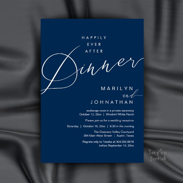 Invitation Réception de mariage moderne : dîner pour toujours (Modern Wedding Happily Ever After Reception Dinner Invitation Card in Navy Blue)
