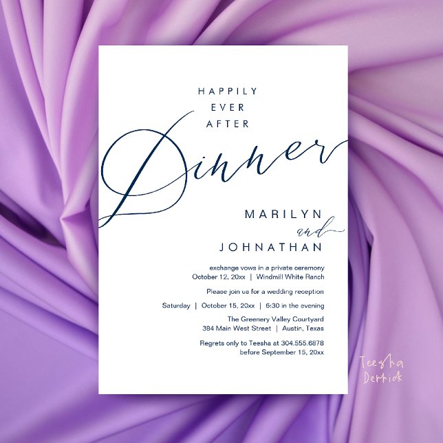 Invitation Réception de mariage moderne : dîner pour toujours (Modern Wedding Happily Ever After Reception Dinner Invitation Card in Navy Blue)
