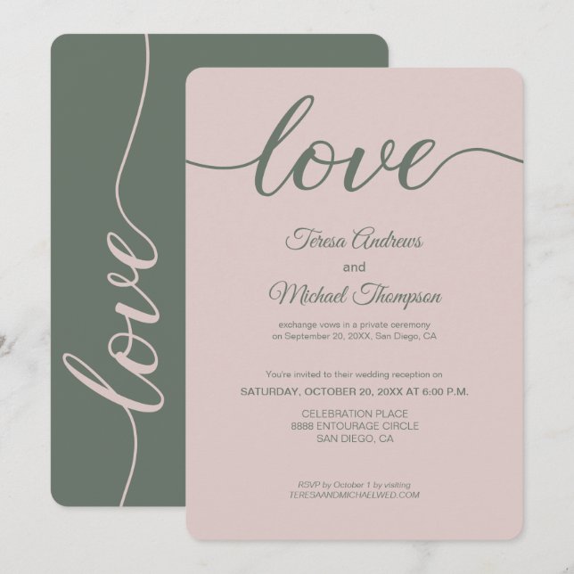 Invitation Réception de Mariage Moderne Dusty Rose et Vert po (Devant / Derrière)