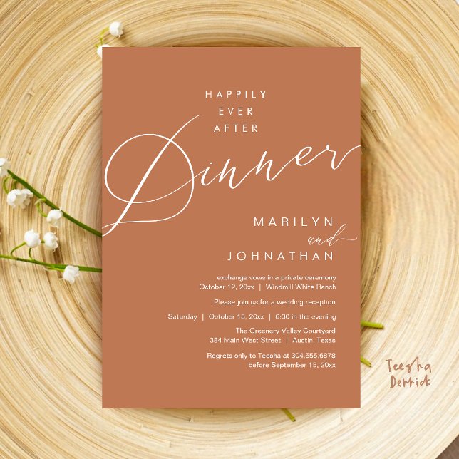 Invitation Réception de mariage moderne et heureux pour toujo (Modern Wedding Happily Ever After Reception Dinner Invitation Card in Copper Brown)