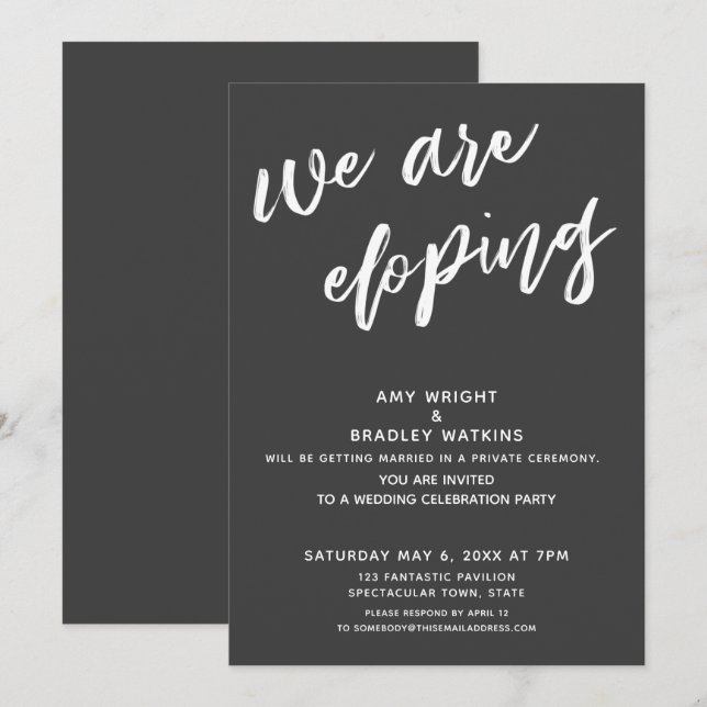 Invitation Réception de mariage moderne gris foncé nous fuyon (Devant / Derrière)