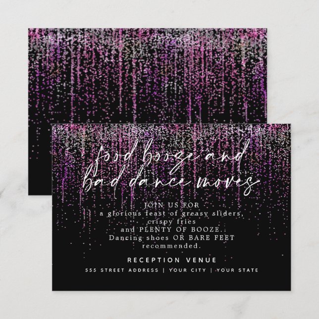 Invitation Réception de mariage moderne Magenta Paillettes (Devant / Derrière)